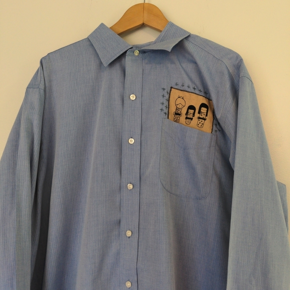 Denver Hayes Shirt Men's 2XL Blue Upcycled Patch Long Sleeve Dadcore